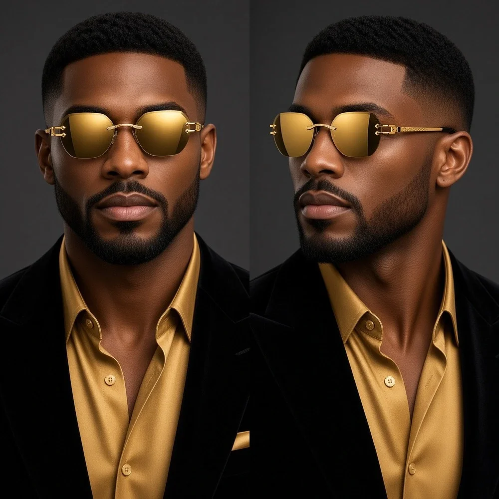 Mens Rimless Diamond CutvSunglasses Gold Metal Frame Gold Reflective Lens Lentes